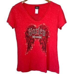 Women's 2018 Red V Neck Wing Maui Hawaii Harley Davidson T Shirt M